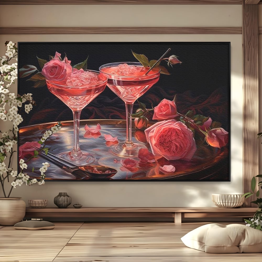 Tablou canvas cu tablou canvas cu pahare de cocktail si trandafiri, in rama de aluminiu negru